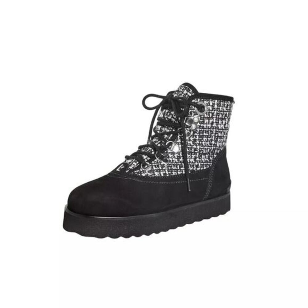 Larroude Women's Black Tweed Suede Lace Up Vail Boot Size 10